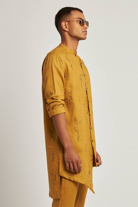 Shop_Son Of A Noble Snob_Yellow 100% Linen Botany Print Gurung Kurta_Online_at_Aza_Fashions