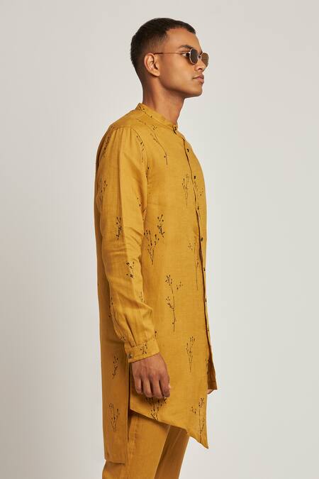 Son Of A Noble Snob_Yellow 100% Linen Botany Print Gurung Kurta_at_Aza_Fashions