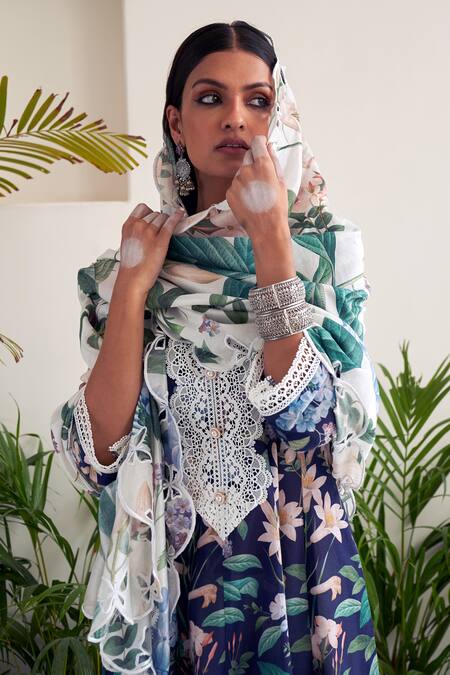 Buy Sage Saga Blue Chanderi, Lace Lace, Embroidery Floral Print Anarkali Set With Palazzo Buy_Sage Saga_Blue Chanderi, Lace Lace, Embroidery Floral Print Anarkali Set With Palazzo