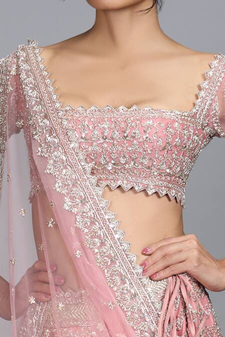 Anushree Reddy_Pink Organza, Net Square Neck Embroidered Bridal Lehenga Set_Online_at_Aza_Fashions