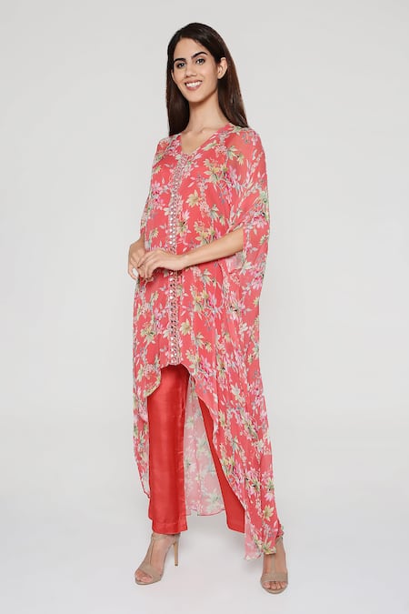 Bha Sha Coral Georgette Mirrors, Embroidery V-neck Maana Print Kaftan Pant Set at Aza Fashions Bha Sha_Coral Georgette Mirrors, Embroidery V-neck Maana Print Kaftan Pant Set _at_Aza_Fashions