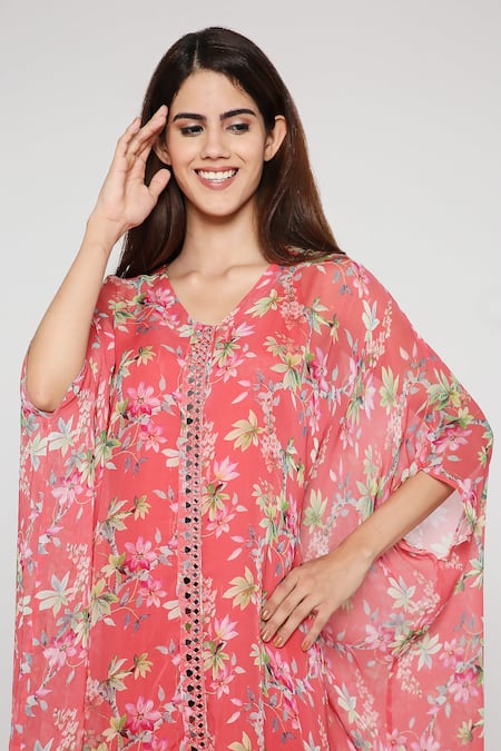 Buy Bha Sha Coral Georgette Mirrors, Embroidery V-neck Maana Print Kaftan Pant Set Online at Aza Fashions Buy_Bha Sha_Coral Georgette Mirrors, Embroidery V-neck Maana Print Kaftan Pant Set _Online_at_Aza_Fashions