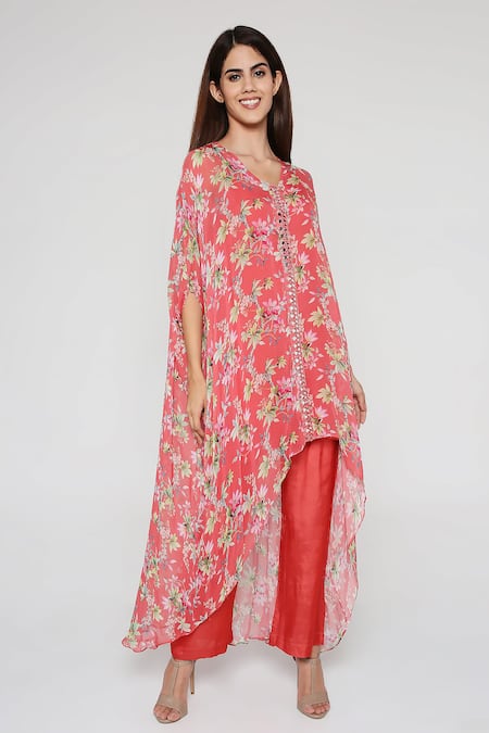 Bha Sha Coral Georgette Mirrors, Embroidery V-neck Maana Print Kaftan Pant Set Online at Aza Fashions Bha Sha_Coral Georgette Mirrors, Embroidery V-neck Maana Print Kaftan Pant Set _Online_at_Aza_Fashions