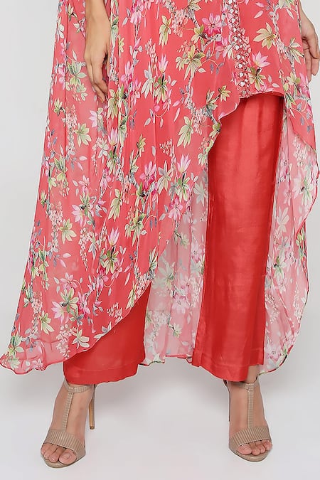 Shop Bha Sha Coral Georgette Mirrors, Embroidery V-neck Maana Print Kaftan Pant Set Online at Aza Fashions Shop_Bha Sha_Coral Georgette Mirrors, Embroidery V-neck Maana Print Kaftan Pant Set _Online_at_Aza_Fashions