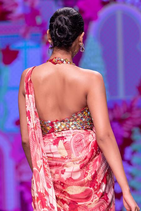 Buy Krisha Sunny Ramani Maroon Modal, Satin Crystals, Floral Print Pre-draped Saree With Blouse Online at Aza Fashions Buy_Krisha Sunny Ramani_Maroon Modal, Satin Crystals, Floral Print Pre-draped Saree With Blouse _Online_at_Aza_Fashions