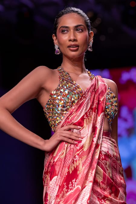 Krisha Sunny Ramani Maroon Modal, Satin Crystals, Floral Print Pre-draped Saree With Blouse Online at Aza Fashions Krisha Sunny Ramani_Maroon Modal, Satin Crystals, Floral Print Pre-draped Saree With Blouse _Online_at_Aza_Fashions