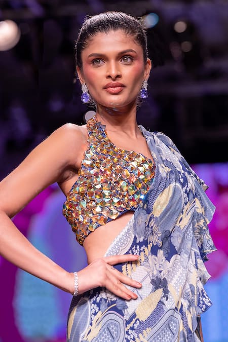 Krisha Sunny Ramani_Blue Crepe Crystals Halter Neck Floral Print Pre-draped Ruffle Saree With Blouse _Online_at_Aza_Fashions