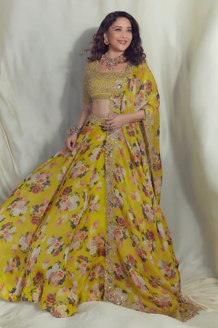 Prints by Radhika Yellow Blouse Silk And Embroidery Floral Square Lehenga Set 