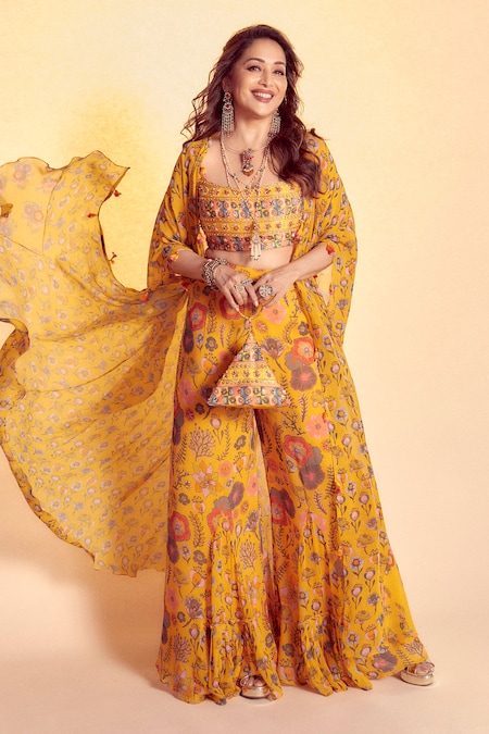 DiyaRajvvir Yellow Georgette V Neck Printed Cape And Pant Set 