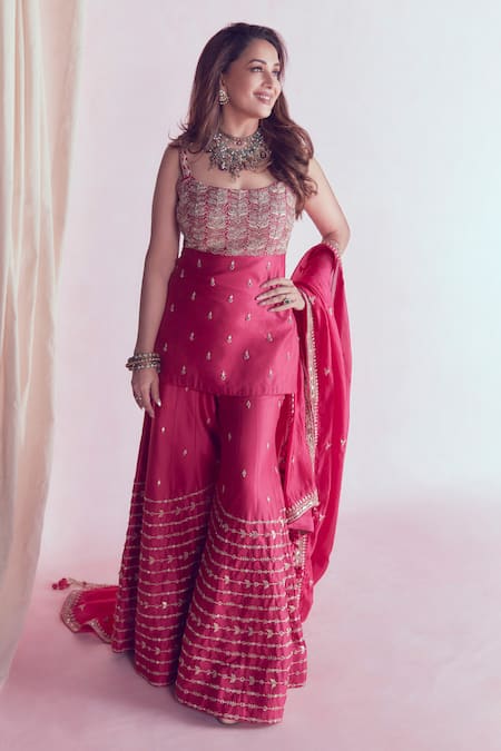 Shop_Punit Balana_Pink Chanderi , Organza U Neck Kurta Sharara Set _at_Aza_Fashions