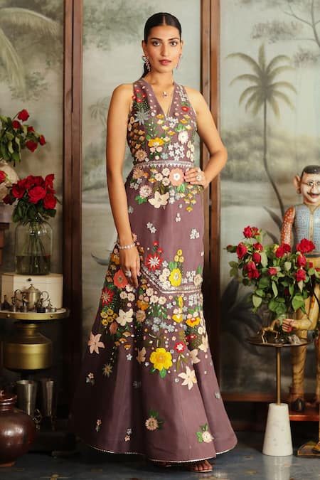 Buy Purple Floral Print Sleeveless Dress In Round Neck Online - W for Woman