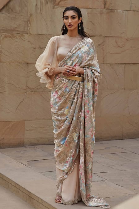 Pankaj & Nidhi_Beige Saree Georgette Blouse Organza Round Hand Embellished With_Online_at_Aza_Fashions