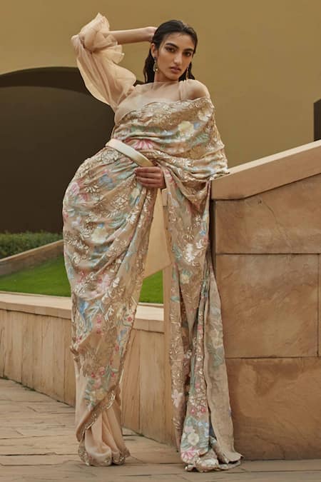 Buy_Pankaj & Nidhi_Beige Saree Georgette Blouse Organza Round Hand Embellished With_Online_at_Aza_Fashions