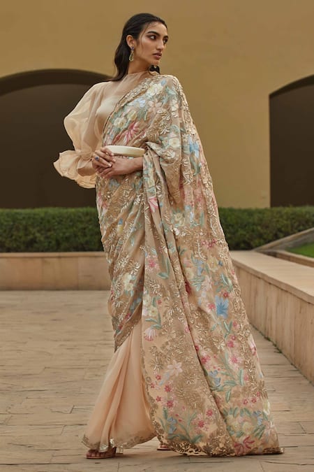 Shop_Pankaj & Nidhi_Beige Saree Georgette Blouse Organza Round Hand Embellished With_Online_at_Aza_Fashions
