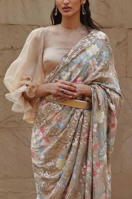 Pankaj & Nidhi_Beige Saree Georgette Blouse Organza Round Hand Embellished With_at_Aza_Fashions