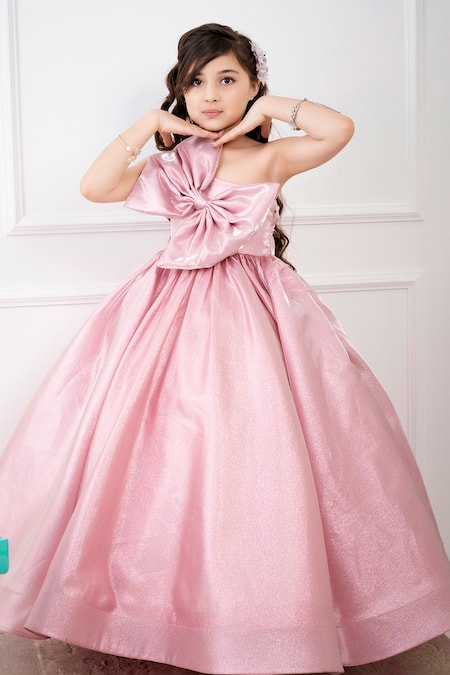 Hoity Moppet Pink Organza Plain Solid Off Shoulder Exaggerated Bow Gown 