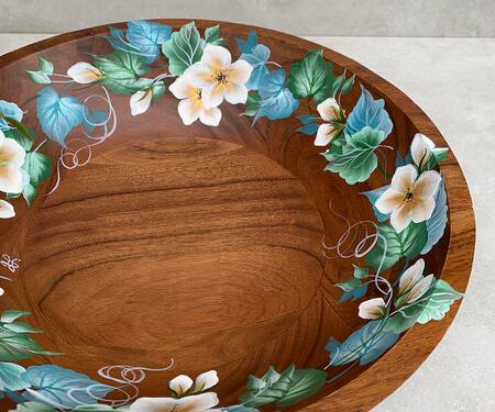 Shop_Floursha_Brown Acacia Wood Hand Paint Magnolia Fruit Bowl_Online_at_Aza_Fashions