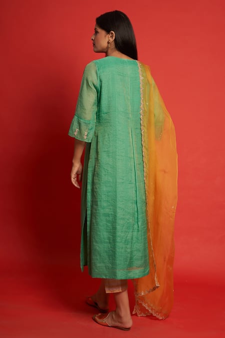 Shop Priti Prashant Green Chanderi Tissue And Organza Zardozi V Neck Magnolia Kurta Pant Set at Aza Fashions Shop_Priti Prashant_Green Chanderi Tissue And Organza Zardozi V Neck Magnolia Kurta Pant Set _at_Aza_Fashions