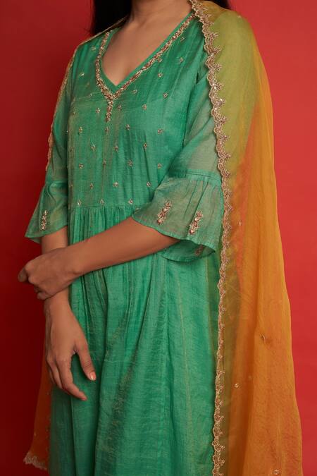 Shop Priti Prashant Green Chanderi Tissue And Organza Zardozi V Neck Magnolia Kurta Pant Set Online at Aza Fashions Shop_Priti Prashant_Green Chanderi Tissue And Organza Zardozi V Neck Magnolia Kurta Pant Set _Online_at_Aza_Fashions