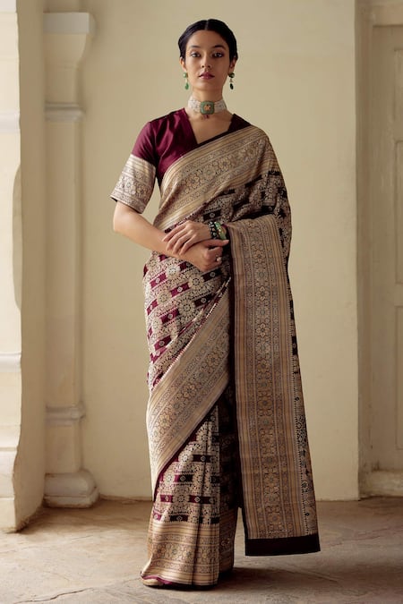 Mimamsaa Purple Satin Silk Brocade Floral Maheema Saree 