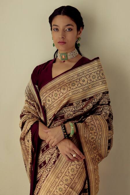 Mimamsaa_Purple Satin Silk Brocade Floral Maheema Saree_Online_at_Aza_Fashions