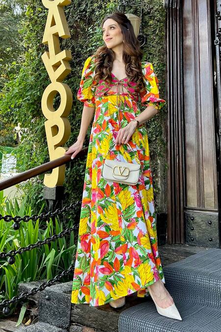 Nikasha Yellow Cotton Poplin Banana, Fruit Deep Round Hand Painted Dress at Aza Fashions Nikasha_Yellow Cotton Poplin Banana, Fruit Deep Round Hand Painted Dress _at_Aza_Fashions