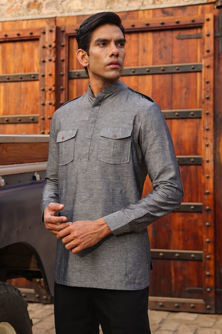 Raw & Rustic By Niti Bothra_Grey Linen, Cotton Plain Shirt Kurta _at_Aza_Fashions
