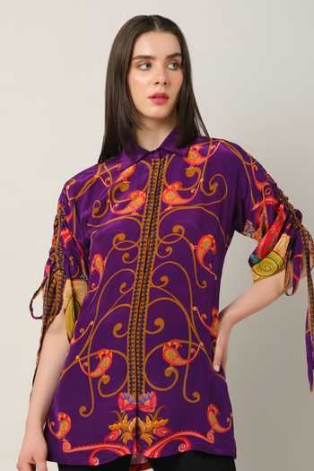 Buy_Limerick By Abirr N' Nanki_Multi Color Crepe Embroidery Collared Fern Placement Print Shirt _Online_at_Aza_Fashions