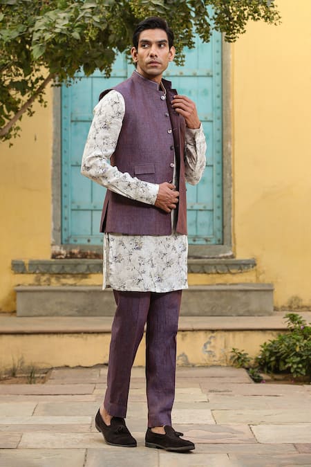 Raw & Rustic By Niti Bothra Purple Cotton, Linen Embroidery Floral Printed Kurta Set With Bundi at Aza Fashions Raw & Rustic By Niti Bothra_Purple Cotton, Linen Embroidery Floral Printed Kurta Set With Bundi _at_Aza_Fashions