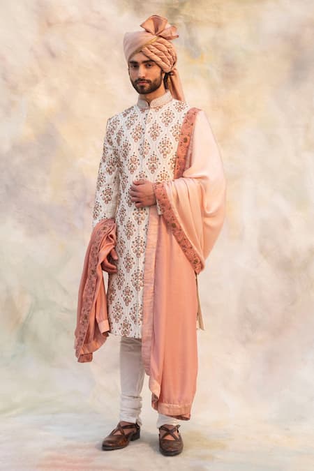 Jatin Malik White Slub Silk Embroidered Sherwani Set