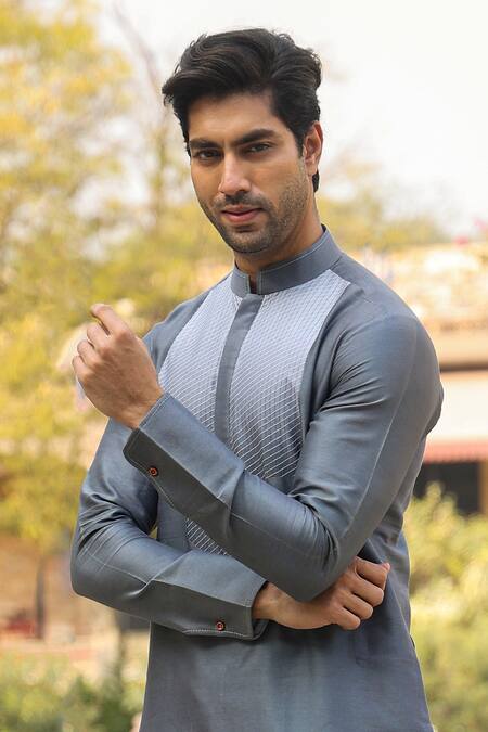 Raw & Rustic By Niti Bothra Grey Chanderi, Silk Embroidery Ombre Banarasi Kurta at Aza Fashions Raw & Rustic By Niti Bothra_Grey Chanderi, Silk Embroidery Ombre Banarasi Kurta _at_Aza_Fashions