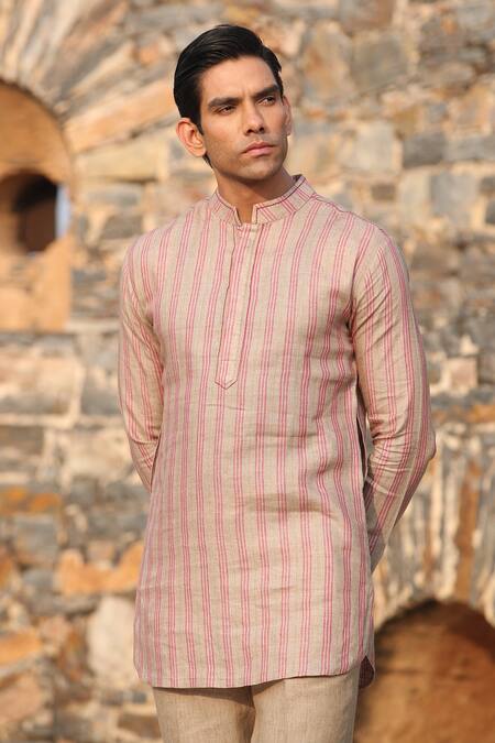 Raw & Rustic By Niti Bothra_Beige Linen Striped Kurta _at_Aza_Fashions