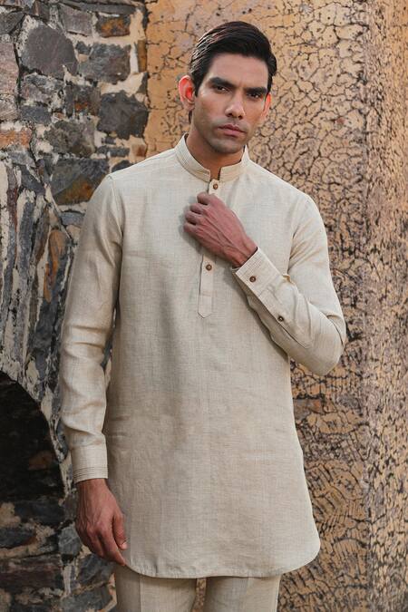 Shop_Raw & Rustic by Niti Bothra_Beige Linen Embroidery Textured Kurta _Online_at_Aza_Fashions