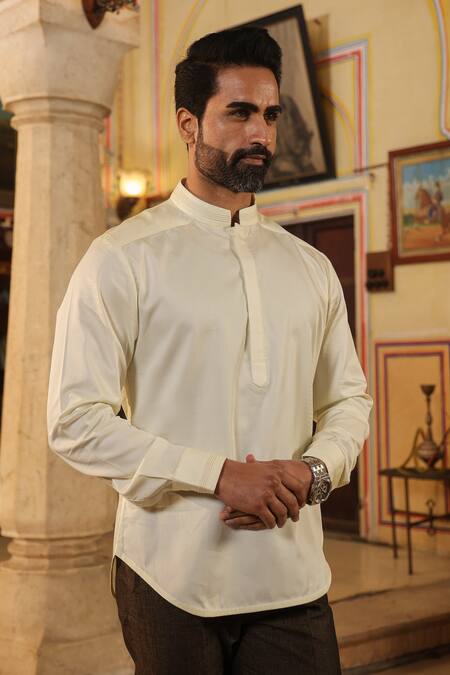 Raw & Rustic By Niti Bothra_Yellow Cotton Embroidery Mandarin Collar Straight Kurta Shirt _at_Aza_Fashions