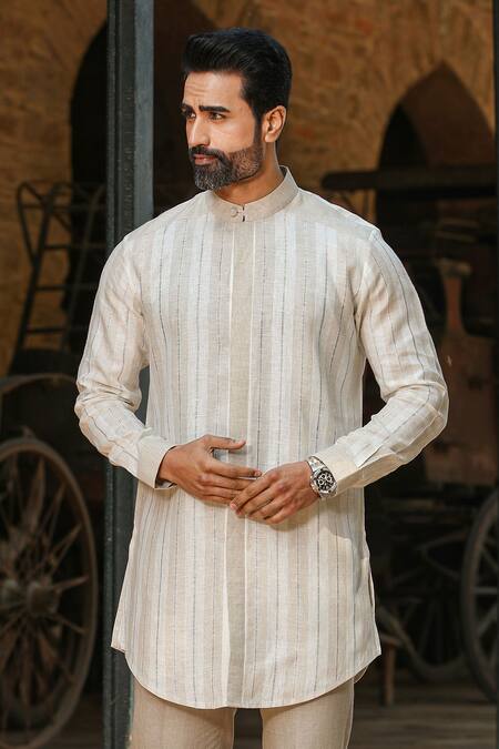 Raw & Rustic By Niti Bothra Beige 60 Lea, European Flax Certified Pure Linen Striped Short Kurta at Aza Fashions Raw & Rustic By Niti Bothra_Beige 60 Lea, European Flax Certified Pure Linen Striped Short Kurta_at_Aza_Fashions
