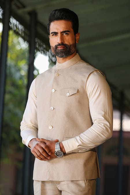 Raw & Rustic by Niti Bothra_Beige Linen Bundi And Pant Set _at_Aza_Fashions