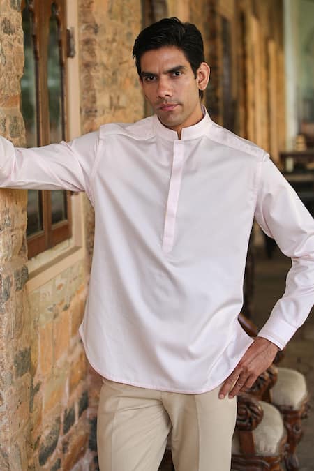 Shop_Raw & Rustic By Niti Bothra_Pink Cotton Embroidery Mandarin Collar Straight Kurta Shirt _Online_at_Aza_Fashions