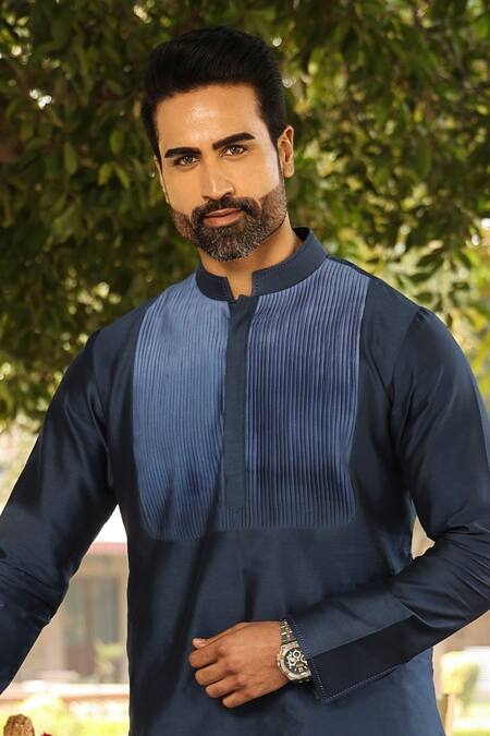 Shop Raw & Rustic By Niti Bothra Blue Chanderi Silk Embroidery Banarasi Ombre Kurta Online at Aza Fashions Shop_Raw & Rustic By Niti Bothra_Blue Chanderi Silk Embroidery Banarasi Ombre Kurta _Online_at_Aza_Fashions