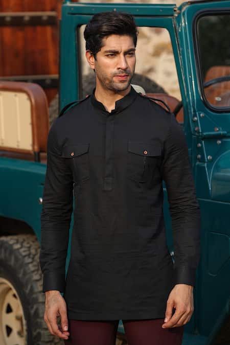 Raw & Rustic By Niti Bothra_Black Linen, Cotton Solid Shirt Kurta _at_Aza_Fashions