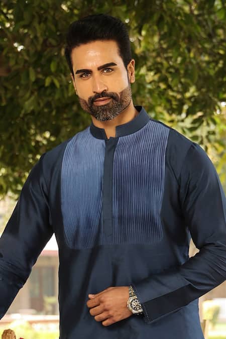 Raw & Rustic By Niti Bothra_Blue Chanderi Silk Embroidery Banarasi Ombre Kurta _at_Aza_Fashions