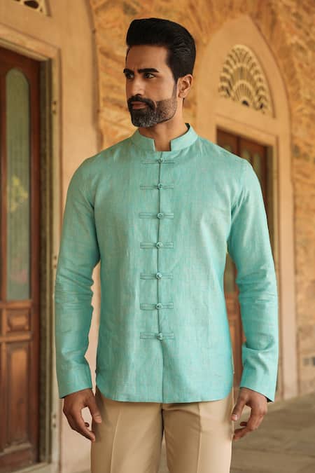 Raw & Rustic By Niti Bothra Green Linen Embroidery Solid Handcrafted Straight Shirt at Aza Fashions Raw & Rustic By Niti Bothra_Green Linen Embroidery Solid Handcrafted Straight Shirt _at_Aza_Fashions