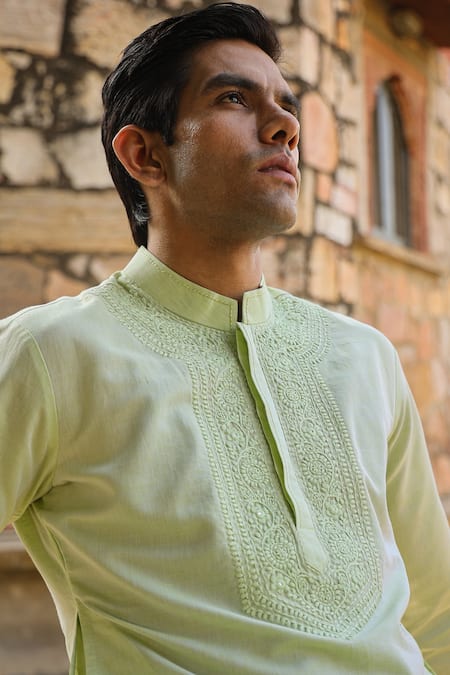 Raw & Rustic By Niti Bothra Green Linen, Cotton Embroidery Lucknowi Kurta at Aza Fashions Raw & Rustic By Niti Bothra_Green Linen, Cotton Embroidery Lucknowi Kurta _at_Aza_Fashions