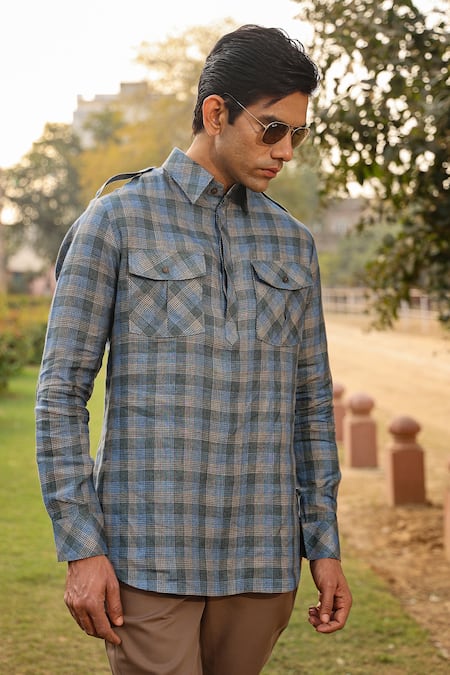 Raw & Rustic By Niti Bothra_Blue Linen Checkered Kurta Shirt_at_Aza_Fashions