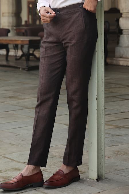 Shop_Raw & Rustic By Niti Bothra_Brown Linen Solid Handcrafted Straight Pant 
