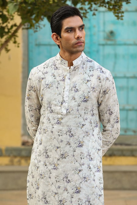 Raw & Rustic By Niti Bothra_Cream Linen Embroidery Floral Print Kurta _at_Aza_Fashions