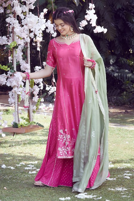 Mandira Wirk - Indian Pink Silk Chanderi Round Kurta Sharara Set