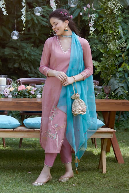 Mandira Wirk - Indian Pink Organza, Tissue V Neck Embroidered Kurta Set