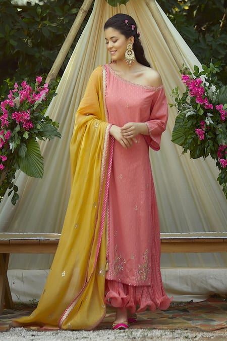 Mandira Wirk - Indian Peach Cotton Lurex Asymmetric Off Shoulder Layered Kurta With Dupatta