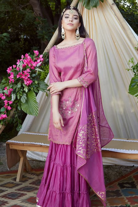 Mandira Wirk - Indian Purple Tissue Square Neck Embroidered Kurta Sharara Set