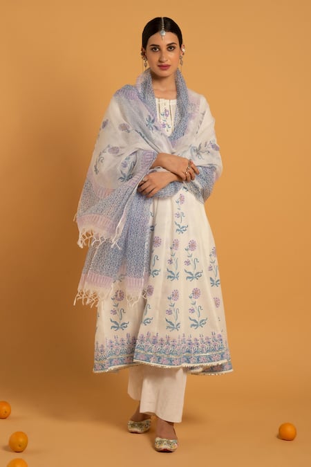 Maison Shefali_White Kota Doria, Pure , Soft Round Printed Anarkali Set _Online_at_Aza_Fashions